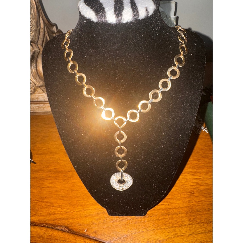 Gold Tone Circle Link Y Necklace‎ Rhinestone Pendant Statement Jewelry - Picture 2 of 6